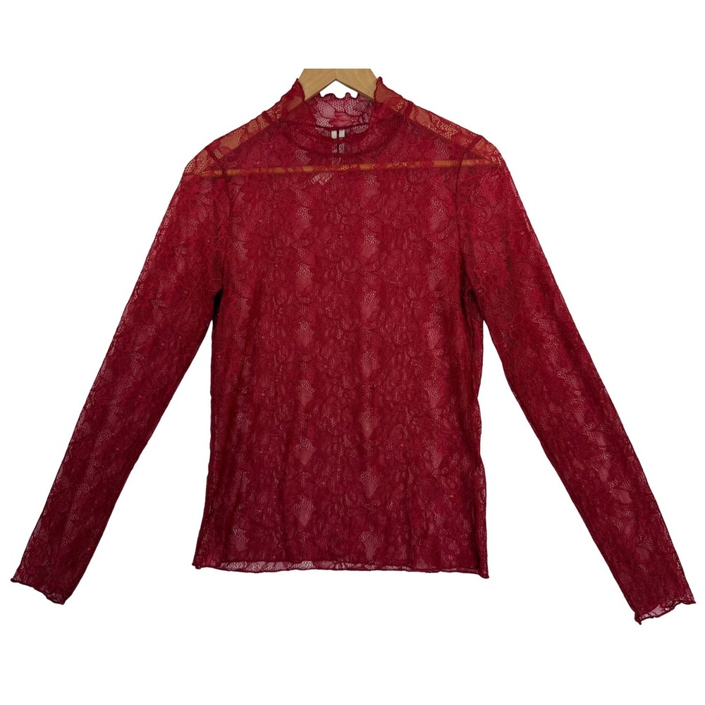 Anthropologie Burgundy Sheer Floral Lace Mock-Neck Long Sleeve Top Blouse Sz S